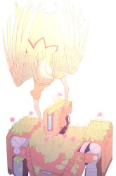 Rule 34 | 1girl, bastion (overwatch), blonde hair, dress, feathered wings, flower, ganymede (overwatch), grassy, humanization, mecha, overgrown, overwatch, overwatch 1, personification, plant, reaching, robot, short sleeves, simple background, white background, wings, zebra (1298007521)