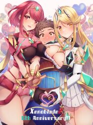 Rule 34 | 1boy, 2girls, absurdres, amanoru mozuku, anniversary, balloon, black gloves, blonde hair, blush, breasts, brown eyes, brown hair, chest jewel, cleavage, cleavage cutout, clothing cutout, commentary request, core crystal (xenoblade), dress, drop earrings, earrings, elbow gloves, english text, fingerless gloves, girl sandwich, gloves, happy anniversary, heart, heart balloon, heart hands, heart hands duo, highres, jewelry, large breasts, mixed-language commentary, multiple girls, mythra (xenoblade), outstretched arm, pyra (xenoblade), red eyes, red hair, red shorts, rex (xenoblade), sandwiched, short dress, short hair, short shorts, shorts, simple background, skindentation, smile, swept bangs, thigh strap, tiara, two-tone gloves, white dress, white gloves, xenoblade chronicles (series), xenoblade chronicles 2, yellow eyes