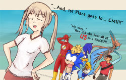 Rule 34 | 10s, 1girl, 2boys, alternate form, angry, animal, bird, black headwear, bodysuit, buruma, chocobo, creatures (company), dc comics, deoxys, deoxys (speed), english text, final fantasy, flash (series), furry, game freak, gen 3 pokemon, groundzeroace, gym uniform, hands on own hips, hat, headset, hedgehog, ibarazaki emi, katawa shoujo, lightning bolt symbol, looney tunes, mexico, mouse (animal), multiple boys, mythical pokemon, nintendo, pokemon, pokemon (creature), red bodysuit, red buruma, red scout (tf2), red shirt, road runner, road runner (looney tunes), scout (tf2), sega, shirt, short sleeves, sombrero, sonic (series), sonic the hedgehog, speedy gonzales, square enix, superhero costume, team fortress 2, tears, the flash, twintails, wally west, white shirt, yellow headwear