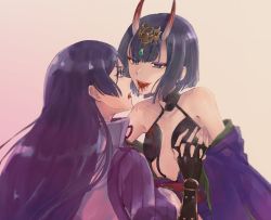 Rule 34 | 2girls, blood, blood from mouth, blood on clothes, breasts, commentary request, eye contact, eyeliner, fate (series), highres, holding hands, horns, interlocked fingers, japanese clothes, kimono, long hair, looking at another, makeup, minamoto no raikou (fate), multiple girls, off shoulder, parted bangs, pukuda915, purple eyes, purple hair, purple kimono, shuten douji (fate), skin-covered horns, small breasts, smile, vambraces, yuri
