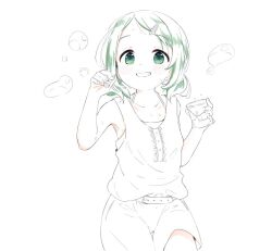 Rule 34 | 1girl, belt, blowing bubbles, bubble, bubble pipe, check copyright, copyright request, green eyes, green hair, hair ornament, hairclip, looking at viewer, nekopantsu (blt), original, short hair, shorts, simple background, smile, solo, spot color, tank top, teeth