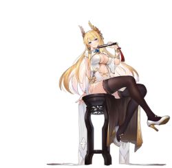 Rule 34 | 1girl, arm up, azur lane, black thighhighs, blonde hair, blue eyes, bonsai, breasts, center opening, chair, china dress, chinese clothes, cleavage, dress, folding fan, gold trim, grin, hand fan, head tilt, high heels, highleg, highres, holding, kaede (yumesaki kaede), large breasts, laurel crown, long hair, looking at viewer, navel, official alternate costume, official art, pelvic curtain, short sleeves, sitting, smile, solo, stomach, stool, thighhighs, thighs, transparent background, very long hair, victorious (azur lane), victorious (guidance of the spring goddess) (azur lane), white dress, white footwear