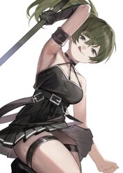 Rule 34 | 1girl, :q, arm up, armlet, armpits, belt, black belt, black choker, black dress, breasts, choker, dress, from below, gloves, green hair, holding, holding weapon, incoming attack, kouhiipan, looking at viewer, mage staff, medium breasts, o-ring, o-ring choker, pleated dress, purple eyes, side ponytail, single glove, solo, sousou no frieren, suspenders hanging, thigh strap, tongue, tongue out, ubel (sousou no frieren), weapon, white background