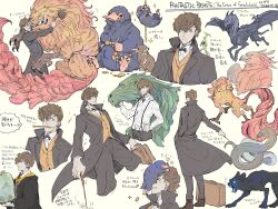Rule 34 | 1boy, bell jar, bird, black bow, black bowtie, black coat, black pants, bow, bowtie, bowtruckle, briefcase, brown hair, closed mouth, coat, coin, collared coat, collared shirt, collared vest, creature, fantastic beasts and where to find them, full body, gold coin, green eyes, grin, harry potter (series), harukazu, highres, holding, holding case, holding wand, hug, kelpie, long sleeves, looking at viewer, magic, male focus, matagot (mythology), monster, mouth hold, multiple views, newt scamander, niffler, orange vest, pants, phoenix, shirt, short hair, simple background, smile, snake, standing, translation request, vest, wand, white shirt, wizarding world, yellow background, zouwu