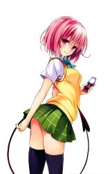 Rule 34 | 10s, 1girl, absurdres, arched back, ass, black thighhighs, cellphone, demon tail, highres, loafers, looking at viewer, momo velia deviluke, phone, pink eyes, pink hair, plaid, plaid skirt, pleated skirt, scan, school uniform, shoes, short hair, simple background, skirt, smile, solo, tail, thighhighs, to love-ru, to love-ru darkness, vest, white background, yabuki kentarou, zettai ryouiki