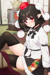 Rule 34 | 1girl, black hair, black skirt, black thighhighs, highres, kanpa (campagne 9), leaf print, looking at viewer, open mouth, pom pom (clothes), red eyes, red headwear, shameimaru aya, skirt, sliding doors, solo, sweat, tatami, thighhighs, touhou, white background