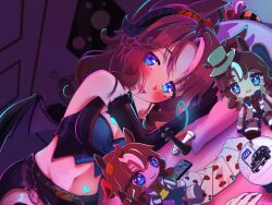 Rule 34 | 1girl, animal ears, bare shoulders, belt, black belt, black gloves, black shorts, blue eyes, blush, bow, bracelet, breasts, brown footwear, brown hair, brown thighhighs, card, character doll, chess piece, cleavage, closed mouth, clothes hanger, commentary request, cropped shirt, detached sleeves, dress, ear ornament, elbow gloves, fake antlers, fake horns, fake wings, fang, flag, frilled dress, frills, fur-trimmed jacket, fur trim, gloves, grey skirt, hair between eyes, hat, highres, holding, holding flag, horns, horse ears, horse girl, horse tail, indoors, jacket, jewelry, king (chess), large breasts, long hair, long sleeves, looking at viewer, lying, mejiro palmer (devil in the moonlight) (umamusume), mejiro palmer (umamusume), mejiro palmer (warm-hearted reindeer) (umamusume), midriff, multicolored hair, navel, necklace, on bed, on side, open mouth, pillow, playing card, ponytail, poster (object), queen (chess), red flag, shorts, skirt, smile, snow globe, solo focus, streaked hair, striped bow, sweater, tail, tattoo, thighhighs, top hat, umamusume, unworn gloves, warabimochi roona, white footwear, white hair, white headwear, white jacket, wings, yellow sweater