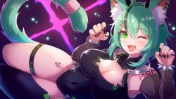Rule 34 | 1girl, 60mai, ;3, ;d, animal ear fluff, animal ears, black nails, bracelet, breasts, cat ears, cat girl, cat tail, cleavage, cleavage cutout, clothing cutout, collar, commission, detached sleeves, fang, green eyes, green hair, groin, hair ornament, hairclip, indie virtual youtuber, jewelry, large breasts, long sleeves, looking at viewer, multicolored hair, nail polish, one eye closed, open mouth, skeb commission, smile, solo, spiked bracelet, spikes, streaked hair, tail, tattoo, thighs, virtual youtuber