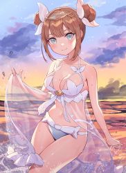 Rule 34 | 1girl, absurdres, bare arms, bare shoulders, bikini, blue bikini, blush, breasts, brown hair, cleavage, closed mouth, collarbone, double bun, eyebrows hidden by hair, glint, grey eyes, hair bun, hair ribbon, headpiece, highres, horizon, large breasts, lilith (world flipper), looking at viewer, medium breasts, ocean, outdoors, ribbon, see-through, shibainu, sidelocks, smile, solo, sunset, swimsuit, water, white bikini, white ribbon, world flipper