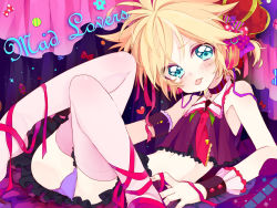 Rule 34 | 1boy, :p, aqua eyes, ass, bad anatomy, bad id, bad pixiv id, blonde hair, blue eyes, blush, bow, bulge, crossdressing, crown, english text, hair bow, highres, jacket, jewelry, kagamine len, lying, male focus, midriff, navel, necklace, necktie, on back, panties, pink thighhighs, purple panties, ribbon, short hair, skirt, solo, thighhighs, tongue, tongue out, touyama soboro, trap, underwear, upskirt, vocaloid, wrist cuffs