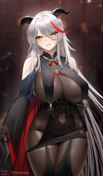 Rule 34 | 1girl, aegir (azur lane), arms at sides, azur lane, bare shoulders, black cape, blurry, blurry background, bodystocking, breast curtains, breasts, cape, commentary, corset, cowboy shot, cross, cross earrings, curled horns, demon horns, detached sleeves, earrings, english commentary, fouriasensei, gloves, grey hair, hair between eyes, hair on horn, highres, horns, iron cross, jewelry, large breasts, lipgloss, long hair, looking at viewer, mixed-language commentary, multicolored hair, navel, red hair, revealing clothes, see-through, skindentation, slit pupils, solo, streaked hair, thigh gap, two-tone cape, two-tone hair, very long hair, yellow eyes