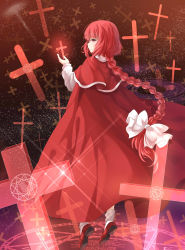 Rule 34 | 1girl, absurdres, bad id, bad pixiv id, bow, braid, capelet, coat, cross, crying, crying with eyes open, hair bow, highres, long hair, long sleeves, low-tied long hair, magic circle, okazaki yumemi, red eyes, red footwear, red hair, shirt, shoes, single braid, solo, tears, touhou, touhou (pc-98), transistor, very long hair