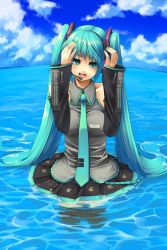 Rule 34 | 1girl, cloud, day, goe, green eyes, green hair, hatsune miku, long hair, matching hair/eyes, necktie, ocean, open mouth, outdoors, sky, solo, thighhighs, twintails, very long hair, vocaloid, wading, water