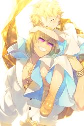 Rule 34 | 2boys, ^ ^, baggy clothes, blonde hair, blush, closed eyes, echo (circa), fate/grand order, fate/requiem, fate (series), glasses, glowing, holding, jewelry, light, male focus, multiple boys, muscular, necklace, on shoulder, open clothes, open shirt, parted bangs, pectoral cleavage, pectorals, sakata kintoki (fate), scarf, shirt, short sleeves, smile, sunglasses, toned, toned male, upper body, voyager (fate), white shirt, yellow scarf