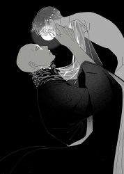 Rule 34 | 1boy, 1other, androgynous, arm up, bald, closed eyes, closed mouth, comforting, covered mouth, eyelashes, face-to-face, facing another, from side, glowing, glowing eye, golden arms, greyscale, houseki no kuni, kesa, kongou sensei, light particles, liquid, long sleeves, looking at another, monochrome, moon uniform (houseki no kuni), outstretched arms, phosphophyllite, phosphophyllite (ll), profile, saiko67, see-through, see-through sleeves, short hair, simple background, sparkle, spoilers, strangling, surprised, tears, upper body, wide sleeves, wiping tears