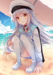 Rule 34 | 10s, 1girl, beach, black ribbon, blue jacket, blue sky, blush, boots, brown eyes, brown umbrella, closed mouth, cloud, commentary request, day, drawstring, hair between eyes, hat, head tilt, holding, holding umbrella, horizon, island (game), jacket, long hair, long sleeves, looking at viewer, nahaki, neck ribbon, ocean, ohara rinne, outdoors, panties, ribbon, sand, silver hair, sky, sleeves past wrists, smile, solo, thigh boots, thighhighs, umbrella, underwear, very long hair, water, white footwear, white hat, white panties, white thighhighs