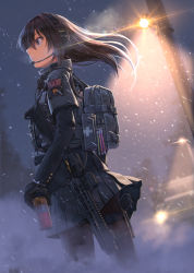 Rule 34 | 1girl, absurdres, backpack, bad id, bad pixiv id, bag, black pantyhose, blurry, blurry background, bulletproof vest, can, canned coffee, cowboy shot, diffraction spikes, dreadtie, drink can, from side, gloves, glowstick, gun, handgun, headset, highres, holster, holstered, lamppost, layered sleeves, load bearing vest, long hair, long sleeves, miniskirt, original, outdoors, pantyhose, patch, pistol, pleated skirt, school uniform, short over long sleeves, short sleeves, skirt, snowing, solo, standing, thigh holster, weapon, weapon request, wind, wind lift