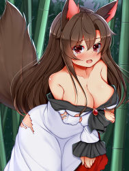 Rule 34 | 1girl, animal ears, bamboo, bamboo forest, bare shoulders, blush, breast hold, breasts, brooch, brown hair, daichi (tokoya), dress, fang, forest, highres, imaizumi kagerou, jewelry, large breasts, long hair, long sleeves, looking at viewer, nature, off shoulder, open mouth, red eyes, solo, tail, tears, torn clothes, torn dress, touhou, wolf ears, wolf tail