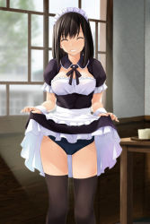 Rule 34 | 1girl, ^ ^, alternate costume, apron, black hair, black thighhighs, blurry, brown thighhighs, buruma, closed eyes, clothes lift, commentary request, cowboy shot, depth of field, dress, dress lift, enmaided, closed eyes, facing viewer, highres, indoors, lifted by self, maid, maid apron, maid headdress, nonaka ritsu, original, solo, standing, thighhighs, touka (nonaka ritsu), underwear
