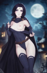 Rule 34 | 1girl, black cloak, black hair, black leotard, black thighhighs, breasts, cloak, covered navel, dc comics, fingerless gloves, forehead jewel, full moon, gloves, groin, highres, leotard, leotard pull, medium breasts, moon, night, nipples, one breast out, outdoors, parted lips, personal ami, purple eyes, raven (dc), short hair, signature, solo, teen titans, thighhighs