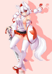 Rule 34 | 1girl, animal ear fluff, animal ears, artist name, bare shoulders, black skirt, blush, breasts, bridal gauntlets, bright pupils, cameltoe, collared shirt, detached sleeves, full body, geta, gluteal fold, hair between eyes, hat, high collar, highres, holding, holding shield, inubashiri momiji, japanese clothes, leaf, looking at viewer, maple leaf, medium breasts, microskirt, miniskirt, multicolored clothes, multicolored skirt, no bra, open mouth, panties, pink background, pom pom (clothes), red eyes, red panties, red skirt, ribbon-trimmed sleeves, ribbon trim, sandals, shadow, shield, shirt, short hair, sideboob, signature, simple background, skirt, sleeveless, sleeveless shirt, solo, stomach, sword, tail, thighhighs, tokin hat, touhou, underwear, weapon, white hair, white pupils, white shirt, white thighhighs, wide sleeves, wolf ears, wolf tail, wolflong, zouri