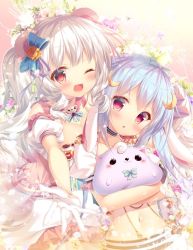 Rule 34 | 2girls, animal ears, blue bow, blue hair, blush, bow, breasts, character request, cleavage, copyright request, crescent, crescent hair ornament, food-themed hair ornament, hair bow, hair ornament, large breasts, long hair, looking at viewer, mitsumomo mamu, multiple girls, one eye closed, open mouth, rabbit ears, reaching, reaching towards viewer, red eyes, short hair, smile, twintails, white hair