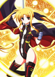 Rule 34 | 1girl, armor, bardiche (nanoha), bare shoulders, blonde hair, cape, fate testarossa, fate testarossa (lightning form) (2nd), gloves, highres, ka2, light smile, lyrical nanoha, mahou shoujo lyrical nanoha, mahou shoujo lyrical nanoha a&#039;s, mahou shoujo lyrical nanoha the movie 2nd a&#039;s, red eyes, solo, thighhighs, twintails