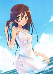 Rule 34 | 1girl, absurdres, artist request, bare shoulders, blue sky, brown hair, cloud, day, dress, dutch angle, green eyes, hair between eyes, highres, leaning forward, long hair, ocean, original, scan, see-through, see-through silhouette, sky, smile, solo, sundress, wading, water, wet, wet clothes, wet dress, white dress