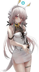 Rule 34 | 1girl, arknights, bare arms, bare shoulders, breasts, closed mouth, cowboy shot, dress, grey hair, highres, long hair, looking at viewer, medium breasts, nail polish, own hands together, red eyes, ru zhai, short dress, side slit, simple background, sleeveless, sleeveless dress, solo, standing, tail, thigh strap, thighs, veil, very long hair, weedy (arknights), white background, white dress, yellow neckwear