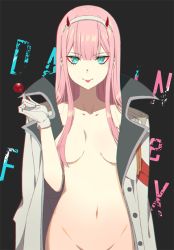 Rule 34 | 10s, 1girl, :p, aqua eyes, breasts, breasts apart, candy, commentary request, convenient censoring, darling in the franxx, food, haikimono shounen, hair censor, hair over breasts, hairband, horns, jacket, jacket on shoulders, lollipop, long hair, looking at viewer, medium breasts, naked jacket, navel, nude, pink hair, smile, solo, standing, tongue, tongue out, white hairband, zero two (darling in the franxx)
