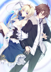 Rule 34 | 1boy, 1girl, arm up, ascot, back-to-back, bad anatomy, bare shoulders, belt, black jacket, black pants, blonde hair, blue eyes, blush, boots, breasts, brown eyes, brown footwear, brown hair, cleavage, closed eyes, closed mouth, copyright name, cover, cover page, detached sleeves, fur-trimmed jacket, fur trim, grin, hair between eyes, hand up, helena theresia mercury, highres, jacket, jewelry, knee boots, kujibiki tokushou: musou harem-ken, leg up, locked arms, long hair, long sleeves, looking at viewer, luna lia, medium breasts, necklace, novel cover, novel illustration, official art, open clothes, open jacket, pants, pointy ears, shirt, sidelocks, smile, textless version, tiara, untucked shirt, yellow eyes, yuuki kakeru