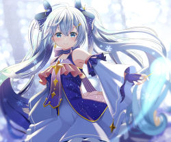 Rule 34 | 1girl, bad id, bad pixiv id, bare shoulders, blue bow, blue dress, blue eyes, blue gloves, blue hair, blue nails, blue sleeves, blush, bow, closed mouth, commentary request, constellation print, detached sleeves, dress, fingerless gloves, fingernails, gloves, hair between eyes, hair bow, hatsune miku, long hair, long sleeves, musical note, musical note print, nail polish, sleeveless, sleeveless dress, smile, solo, striped, striped bow, twintails, very long hair, vocaloid, wide sleeves, yuki miku, yuki miku (2017), yuuka nonoko