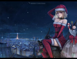 Rule 34 | 00s, 1girl, arcueid brunestud, bad id, bad pixiv id, bag, bare shoulders, bell, belt, blonde hair, boots, candy, candy cane, cat, choker, christmas, cityscape, food, gift, hand on headwear, hat, hwansang, landscape, len (tsukihime), red eyes, rooftop, sack, santa boots, santa costume, short hair, skindentation, snow, thigh boots, thighhighs, tsukihime, type-moon