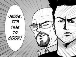 Rule 34 | 2boys, breaking bad, emphasis lines, english text, glasses, greyscale, jesse pinkman, monochrome, multiple boys, parody, speech bubble, style parody, text focus, upper body, walter white