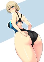 Rule 34 | 10s, 1girl, adjusting clothes, adjusting swimsuit, arm behind back, ass, black one-piece swimsuit, blonde hair, blue eyes, blush, braid, closed mouth, commentary, competition swimsuit, cowboy shot, darjeeling (girls und panzer), foreshortening, from behind, frown, girls und panzer, hifumi hajime, highres, looking at viewer, looking back, one-piece swimsuit, short hair, simple background, solo, standing, swimsuit, thighs, twin braids, white background