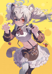Rule 34 | 1girl, absurdres, animal ear fluff, animal ears, ariakk, asymmetrical gloves, black panties, black pantyhose, black ribbon, blue eyes, blush, bracelet, breasts, claw pose, closed mouth, clothes pull, commentary request, crop top, eating, food, frilled skirt, frills, fruit, gloves, heterochromia, highres, jewelry, karenina (punishing: gray raven), long hair, long sleeves, looking at viewer, midriff, mismatched gloves, navel, neck ribbon, panties, pantyhose, pantyshot, punishing: gray raven, red eyes, ribbon, sidelocks, silver hair, simple background, skirt, skirt pull, solo, stomach, strawberry, suspender skirt, suspenders, tail, underwear, v-shaped eyebrows, white pantyhose, white skirt, yellow background