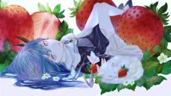 Rule 34 | 1girl, blue eyes, blue hair, bug, butterfly, cat, dress, flower, food, fruit, highres, insect, leaf, looking at viewer, lying, on back, original, oversized food, oversized object, shirone (coxo ii), shoes, strawberry, virtual youtuber, white background