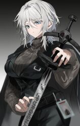 Rule 34 | 1girl, absurdres, belt, black belt, black coat, black pants, black vest, blue eyes, breasts, chu yeon, coat, coat on shoulders, cowboy shot, faust (project moon), gradient background, grey sweater, highres, holding, holding sword, holding weapon, id card, large breasts, limbus company, long sleeves, looking at viewer, medium hair, pants, parted lips, project moon, solo, sweater, sword, turtleneck, turtleneck sweater, vest, weapon, white hair, zweihander