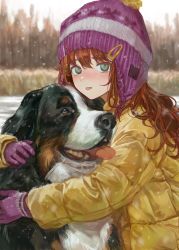 Rule 34 | 1girl, absurdres, blush, closed mouth, coat, dog, down jacket, freckles, gloves, green eyes, highres, jacket, knit hat, long hair, long sleeves, looking at viewer, original, purple gloves, purple headwear, red hair, sero3eta, snow, snowing, solo, tongue, tongue out, yellow coat