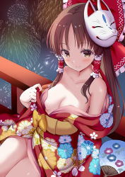 Rule 34 | 1girl, aerial fireworks, blush, bow, breasts, brown eyes, brown hair, cleavage, closed mouth, collarbone, fireworks, floral print, fox mask, givuchoko, hair bow, hair tubes, hakurei reimu, hand fan, highres, japanese clothes, kimono, long hair, long sleeves, mask, mask on head, medium breasts, obi, paper fan, print kimono, red bow, red kimono, sash, sidelocks, smile, solo, touhou, uchiwa, wide sleeves