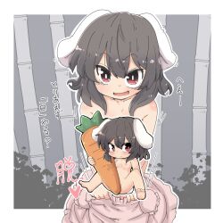 Rule 34 | 1girl, animal ears, bamboo, bamboo forest, black hair, blush, breasts, bright pupils, carrot, censored, character censor, chibi, commentary request, cowboy shot, dress, floppy ears, forest, grey background, hair between eyes, highres, inaba tewi, looking at viewer, medium bangs, medium hair, nature, nipples, novelty censor, ooyama bokuchi, open mouth, paid reward available, pink dress, rabbit ears, rabbit girl, rabbit tail, red eyes, small breasts, smile, tail, touhou, translation request, undressing, white pupils