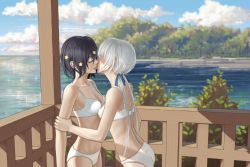 Rule 34 | 2girls, arm grab, artist request, black hair, blue ribbon, blue sky, bra, breasts, cloud, collarbone, day, eyelashes, closed eyes, flower, hair flower, hair ornament, hair ribbon, hand on another&#039;s arm, hand on another&#039;s shoulder, highres, kiss, konno junko, landscape, low twintails, mizuno ai, multiple girls, nature, outdoors, panties, plant, porch, ribbon, scenery, short hair, shoulder grab, sky, small breasts, sunlight, tree, twintails, underwear, underwear only, veranda, water, white bra, white hair, white panties, yuri, zombie land saga