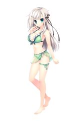 Rule 34 | 1girl, aqua eyes, barefoot, bikini, blush, breasts, cleavage, collarbone, feet, frills, full body, hair ornament, hairclip, haruoto alice gram, highres, kanzaki erisa, large breasts, long hair, looking at viewer, mitha, navel, official art, open mouth, sarong, see-through, silver hair, solo, standing, swimsuit, thigh strap, transparent background