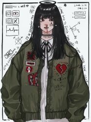 1girl artist_name black_eyes black_hair blood collared_shirt commentary dated earrings green_jacket halo highres instagram jacket jewelry john_kafka long_hair nosebleed open_clothes open_jacket original shirt solo symbol-only_commentary teardrop_facial_mark twitter white_background white_shirt youtube