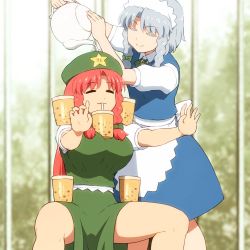 Rule 34 | 2girls, blurry, breasts, bubble tea challenge, commentary, depth of field, drinking, drunken master, duplicate, closed eyes, hair ribbon, hong meiling, izayoi sakuya, jackie chan, large breasts, long hair, multiple girls, parody, pouring, red hair, ribbon, shirosato, touhou