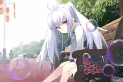 Rule 34 | 10s, 1girl, ahoge, bench, blurry, bubble, depth of field, highres, isla (plastic memories), long hair, looking at viewer, makadamixa, on bench, plaid, plaid skirt, plastic memories, red eyes, silver hair, sitting, skirt, smile, solo, twintails
