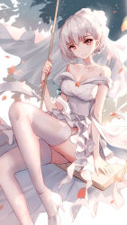 Rule 34 | 1girl, absurdres, alternate costume, bare shoulders, bison cangshu, blush, breasts, bridal veil, choker, cleavage, closed mouth, diamond (gemstone), dress, earrings, garter straps, girls&#039; frontline, hair between eyes, hair up, head tilt, high heels, highres, holding, jewelry, knee up, lace, lace-trimmed legwear, lace choker, lace trim, light particles, looking at viewer, medium breasts, outdoors, pendant, red eyes, ring, rmb-93 (girls&#039; frontline), short hair, sidelocks, silver hair, sitting, smile, solo, star (symbol), strapless, strapless dress, stud earrings, swing set, thighhighs, veil, wedding band, wedding dress, white dress, white footwear, white thighhighs, wind, wind lift