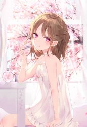 Rule 34 | 1girl, :d, achiki, bad id, bad twitter id, bare arms, bare shoulders, bottle, breasts, brown hair, cherry blossoms, cosmetics, curtains, day, dress, frilled dress, frills, hand up, head tilt, holding, holding lipstick tube, indoors, lipstick tube, long hair, looking at viewer, open mouth, original, perfume bottle, pink eyes, sidelocks, sitting, sleeveless, sleeveless dress, small breasts, smile, solo, spaghetti strap, sunlight, table, transparent, tree, white dress, window