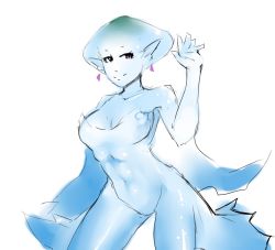 Rule 34 | 1girl, bald, bald girl, blue skin, breasts, cleavage, colored skin, cowboy shot, drawfag, earrings, fins, fish girl, jewelry, large breasts, monster girl, nintendo, aged up, pointy ears, princess ruto, purple eyes, sketch, smile, solo, the legend of zelda, the legend of zelda: ocarina of time, waving, zora