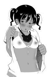 Rule 34 | 1girl, bikini tan, black hair, blush, breasts, character request, copyright request, drain, monochrome, nipples, no bra, shirt, short hair, short twintails, simple background, solo, tan, tanline, twintails, undressing, white background